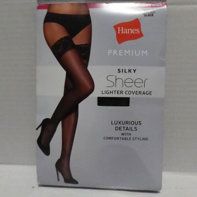 Hanes Premium Silky Sheer Lace Top Thigh High Stockings Black Small